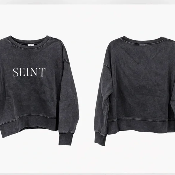 SEINT “Worthy of Worship” acid wash black Cropped Crewneck. - Picture 2 of 3